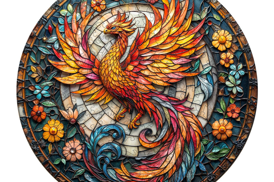 Träpussel-målat glas Phoenix 66d41063403c1