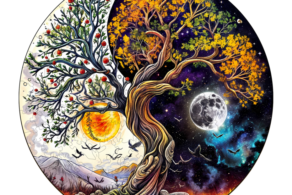 Trä pussel-Sun och Moon Tree of Life 66ebe38eaea65